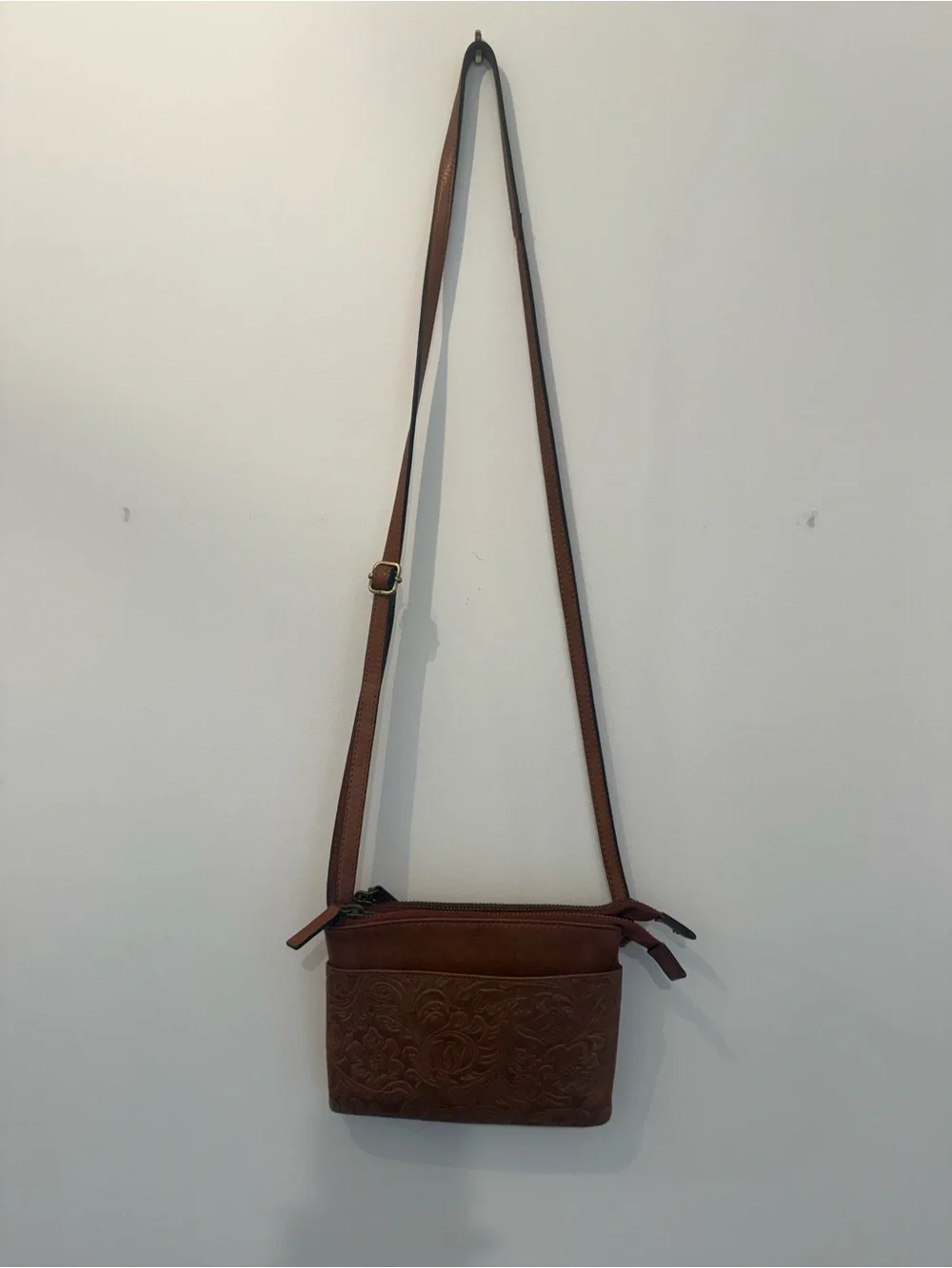 100% Genuine Leather Brown Tooled Leather Crossbody Bag- Made in India